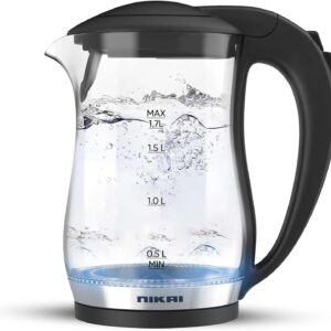 Nikai NK323G 1.7L 2200W Electric Glass Kettle, LED Indicator, Auto Shut Off, Cord Storage, 360° Rotating Base