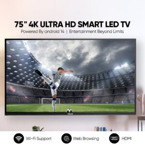 Nikai UHD75SLEDK 75 Inch Smart LED TV, Frameless Design, Built-In Wi-Fi, Smart Apps Shahid, YouTube, Netflix, Amazon